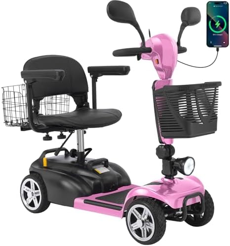 15-45 Miles Ecomobi MS02 4 Wheels Mobility Scooter for Adults/Seniors, 350W Powered Electric Wheelchair Device w/15Ah-25Ah Extended Battery, Dual Baskets/Rotating Seat, Compact Duty Mobile for Elderly