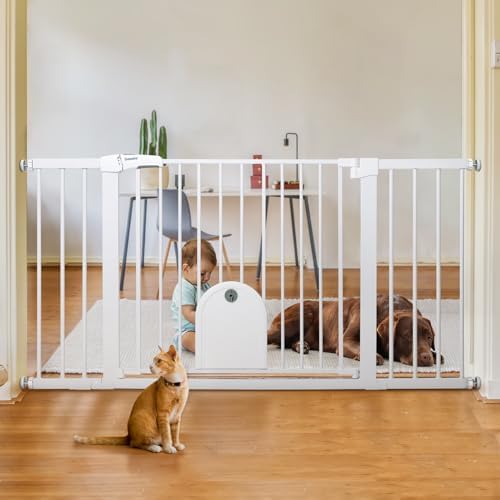 Babelio 36-57" Extra Wide Auto Close Baby Gate with Cat Door, Pet Gate Indoor with Extra Wide Walk Thru Door, Metal Dog Gate for Doorway, Stairs, Includes 4 Wall Cups and 3 Extension Pieces, White