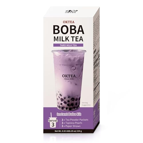 OKTEA Taro Rich Bubble Pearl Milk Tea Kit - Non-Dairy Creamer Edition - Taro Flavor, Real Sugar, Preservative-Free Tapioca Balls, Includes Paper Straws - 3 Servings