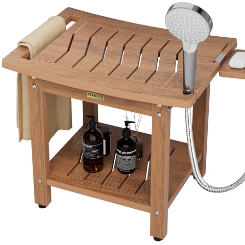 YEFU Shower Chair for Inside Shower: 21 Inch Oversized Waterproof/No Maintenance - Teak Shower Stool with Shelf & Handle 400 LBS - Bathrooms/Outdoor - Non-Slip Easy Assemble Bench for Adult/Elderly