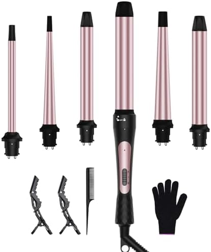 6 in 1 Curling Iron, 6 Interchangeable PTC Ceramic Barrels (0.35"-1.25"), Curling Wand Set for Long/Short Hair, 2 Temp Heating Setting, Contain Comb & Protective Glove & 2 Clips