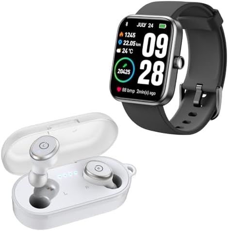 TOZO T10 Bluetooth 5.3 Wireless Earbuds White S2 44mm Smart Watch Black