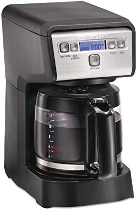 Hamiton Beach 12 Cup Compact Programmable Drip Coffee Maker with No-Drip Burosilicate Glass Carafe, 2-Hour Auto Shutoff, Space-Saving Design, Black with Stainless Steel Accents (46200)