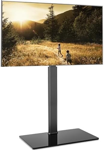 FITUEYES Universal TV Stand for 32 39 40 43 49 50 55 60 Inch TVs, TV Floor Stand with Swivel Mount, Max Holds 66lbs, Black Glass Base, Height Adjustable, Perfect for Corner & Bedroom