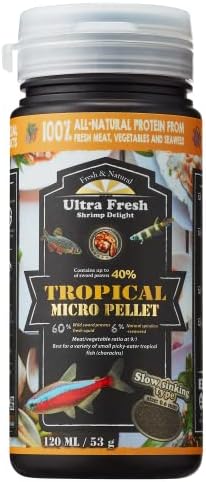 Ultra Fresh Tetra Fish Food, Slow Sinking, All Natural Ingredients, Wild Sword Prawns, Spirulina, Color Enhancement, Small Granules , Tropical Micro Pellet 1.87 oz