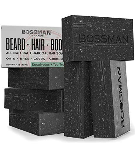 6 Pack Bossman Mens Bar Soap 4-in-1 All Natural Organic Beard Wash, Shampoo, Body Wash, Shaving and Bath Soap - Essential Beard Care, Scent- Eucalyptus and Tea Tree