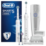 ORAL-B Smart 5 Electric Toothbrushes For Adults, Mothers Day Gifts For Her / Him, App Connected Handle, 3 Toothbrush Heads & Travel Case, 5 Modes With Teeth Whitening, 2 Pin UK Plug, 5000, White