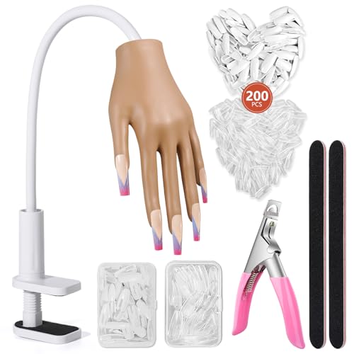 Practice Hand for Acrylic Nails: Nail Tips Won't Fall off Fake Hand for Nail Practice - Flexible Practice Nail Hand With 200PCS Nail Tips for Beginners Salon