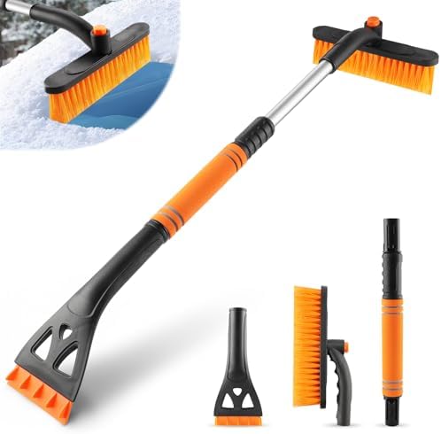 LivTee Ice Scraper and Snow Brush for Car Windshield, 32" Extendable Snow Removal Tool with 360° Rotating Brush, Automotive exterior Accessories and Winter Essentials for Cars, Trucks, and SUVs,Orange