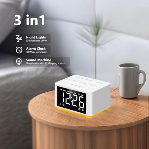 【3 in 1】Sound Machine Dual Alarm Clock Night Light White Noise Machine 27 Sleeping Sounds for Adults Kids Precise 32 Level Volume Sleep Timer Memory Function Digital Clock with 30 Wake Up Sounds