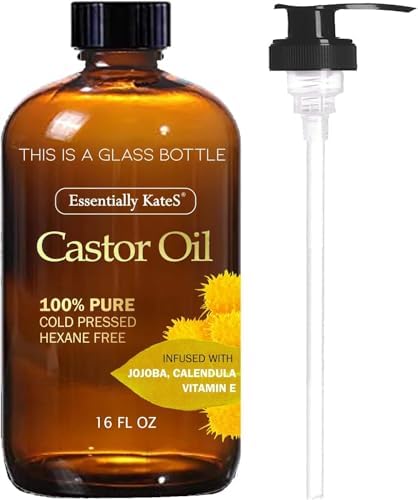 Castor Oil 16 Fl Oz (Glass Bottle) - Jojoba + Calendula + Vitamin E - A Huge Glass Bottle with a Pump - 100% Pure and Natural, Cold Pressed, and Hexane-Free - Hair Oil, Body Oil