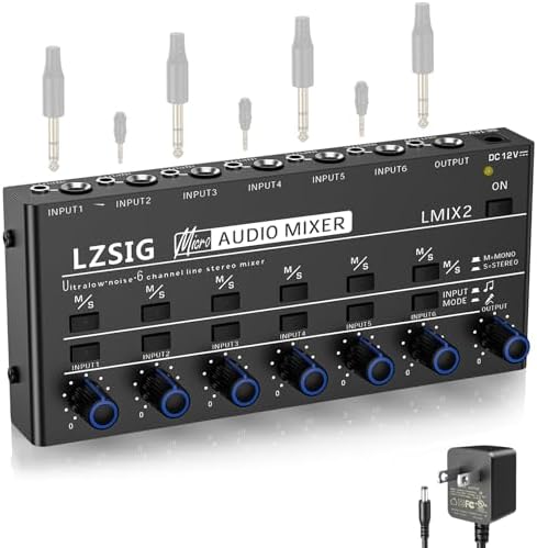 LZSIG Mini Audio Mixer,Stereo Line Mixer for Sub-Mixing,Ultra Low-Noise,6-Channel,Microphone Independent Control, 1/4" & 1/8" TRS Output and Input, for Guitars,Bass,Keyboards (Medium)