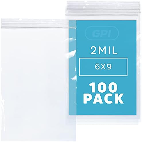 Clear Plastic Reclosable Zip Bags - Bulk GPI Pack of 100 6" X 9" 2 Mil Thick Strong & Durable Poly Baggies With Resealable Zip Top Lock for Travel, Storage, Packaging & Shipping.
