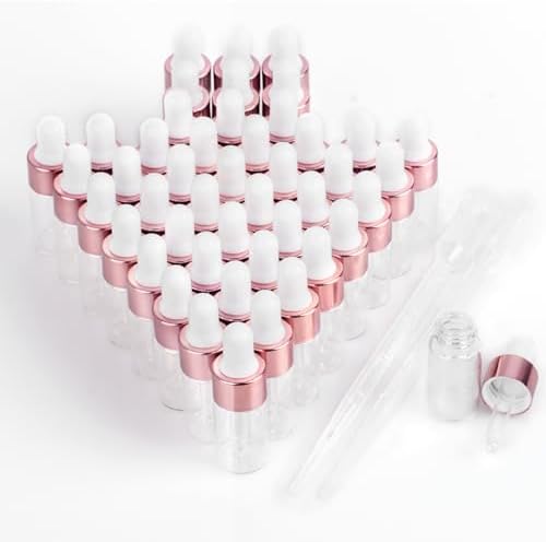 50 Pcs Sample Dropper Bottles, 3ml Mini Dropper Bottles with 2 Pcs Plastic Droppers for Traveling Essential Oils DIY Cosmetic Liquid Sample Perfume (Rose Gold)