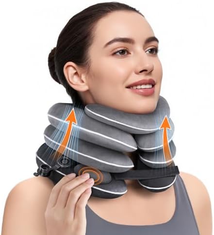 Built-in Inflatable Neck Stretcher, Cervical Traction Device with High-Front & Low-Back for Effective Traction and Support, Neck Decompression Devices with 3-Layer Chambers in Varied Sizes, Home Use