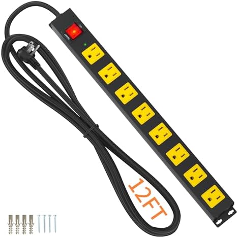 8 Outlet Power Strip 2100J Surge Protector, 12FT Heavy Duty Extension Cord Wide Spaced Outlet and Wall Mount Metal Powerstrip for Home Office Garage Workshop