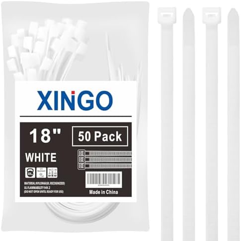 XINGO 18 inch White Large Zip Ties Heavy Duty 50 Pack, 330 LBS Ultra Exclusive Strong Plastic Wire Ties, Large Cable Ties Extra Long Tie Wraps For Indoor and Outdoor Use