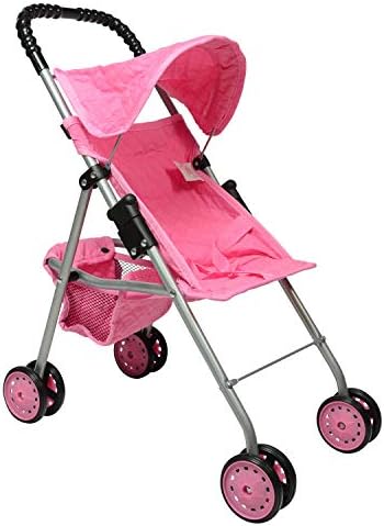The New York Doll Collection My First Doll Stroller with Basket, Foldable Doll Stroller (Pink Quilted)