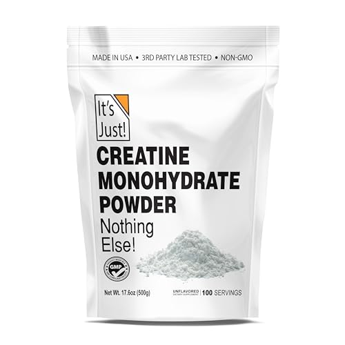 It's Just! - Creatine Monohydrate Powder, Pure Creatine Powder, Made in USA, 3rd Party Lab Tested, 5g Per Serving, Scoop Included, No Fillers, No Added Flavor (Unflavored, 500g / 100 Servings)