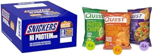 SNICKERS Hi Protein Peanut Caramel Bar Bulk Box, Quest Tortilla Protein Chips Variety Pack