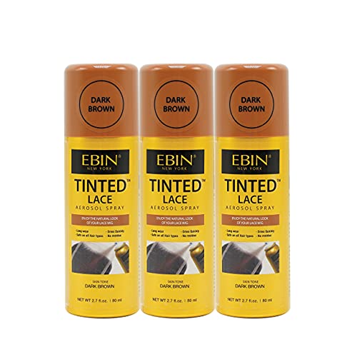 EBIN NEW YORK Tinted Lace Aerosol Spray - 3pack, Dark Brown 2.7 Oz/ 80 mL for Wig Application, Quick Dry, Water Resistant, Even Spray, Matching Skin Tone, Natural Look