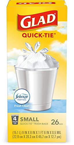 Glad Trash Bags, Small Garbage Bags - OdorShield 4 Gallon White Trash Bag, Gain Fresh Scent with Febreze - 26 Count (Pack of 6)