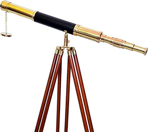 Nautical Vintage Shiny Brass Leather Telescope Floor Stand Wooden Brown Tripod Telescope 55"