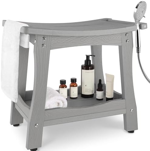 Y&M 2-Tier Bathroom Shower Bench with Waterproof Storage Shelf, HDPE Towel & Shower Head Shelves Curved Seat, Small Tub Chair for Shaving Legs Foot Stool, Bath, Spa, Indoor or Outdoor Use, Gray