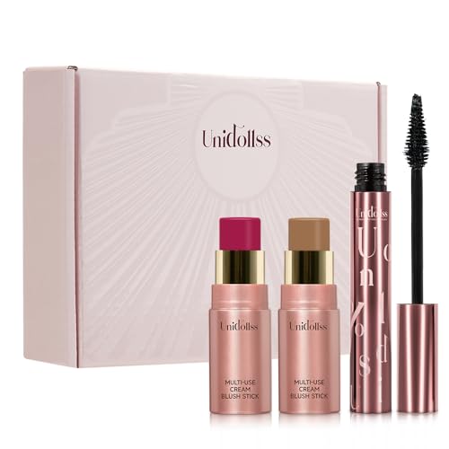 3 Pcs Unidollss Tubing Mascara and Blush Stick Set, Volume and Length Black Mascara Lengthening Long Lasting All Day, Washable Voluminous Mascara Tubing with a Random Accessory Included(04,05)