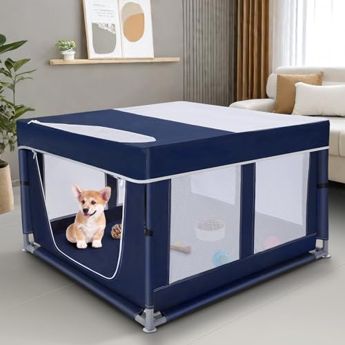 Dog Playpen 42 × 42 inch, Puppy Playpen with Removable Roof, 25 Height Pet Playpen with Zipper Door for Small Dogs and Small Animals, Dog Fence Indoor & Outdoor