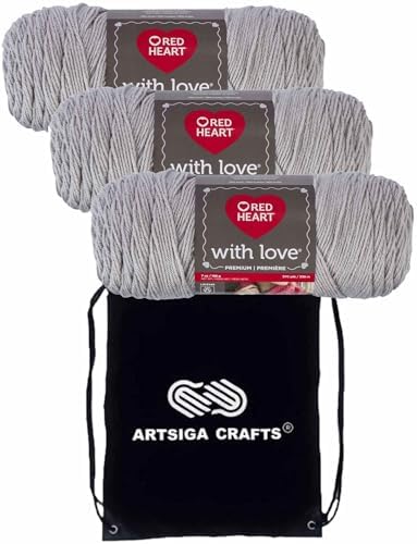 Red Heart with Love Light Grey E400-1441 (3-Skeins - Same Dye Lot) Worsted Medium #4 Acrylic Yarn for Crocheting and Knitting with Project Bag