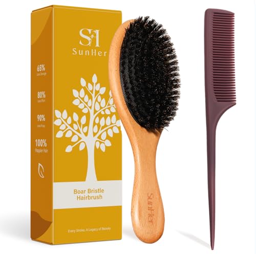 Boar Bristle Hair Brush - 100% Soft Natural Bristles for Women Men Kids Restore Shine and Fine - Wooden Hairbrush with Plastic Tail Comb for Short Thin Dry Hair