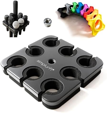Multi Microphone Holder For Mic Stand - Square Tray Attachment holds up to 8 mics On Stage Organizer and Display - 8 Anti-roll Rings Included
