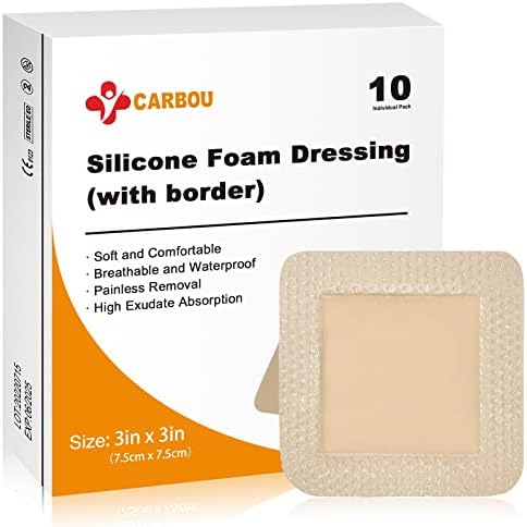 Carbou Silicone Foam Dressing with Adhesive Gentle Border,3"x3" Waterproof Wound Dressing Bandage,High Absorbency Pad, Foam Bandage for Wound Care 10 Pack