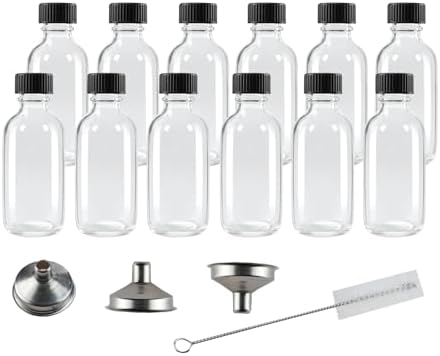 12 Pack 2 oz Glass Shot Bottles with Caps,Clear Round Small Glass Ginger Shot Bottles With Lids, 60ml Mini Travel Essential Bottles Suitable for DIY Juice,Potion,Whiskey and Other Drinks