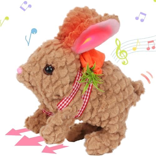 Hopearl Hopping Rabbit with LED Ears Carrot Backpack Interactive Plush Bunny Toy with Sounds Animated Walking Wiggle Light up Ears Twitch Nose Gift for Toddlers, Brown, 7''