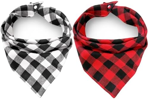 2PCS Chirstmas Red and Black-White Plaid Dog Bandanas with Button, Dual Layer Scarf Soft Cotton Triangle Bib Girls and Boys Kerchief Adjustable Accessories for Small Medium Large Pets