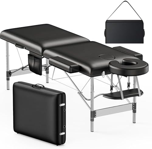 Brelley Massage Table Portable, 2-Fold Lash Bed with Side Pocket, Adjustable Height, Sturdy Aluminum Frame, Esthetician Spa Facial Bed, Tattoo Bed with Face Cradle & Carrying Bag, Black
