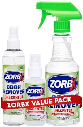 ZORBX Unscented Odor Eliminator for Strong Odor 16 Oz + 7.5 Oz + 2 Oz - Used in Hospitals & Healthcare Facilities - Advanced Formula, Fast-Acting Odor Remover Spray for Dog, Cat, House & Carpet