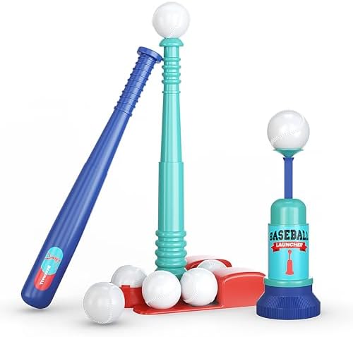 Tee Ball Sets for Kids 3-5, 5-8, T Ball Set for Toddlers, Incl. Pitching Machine, Tball Stand, 6 Large Balls, Teeball Batting Tee