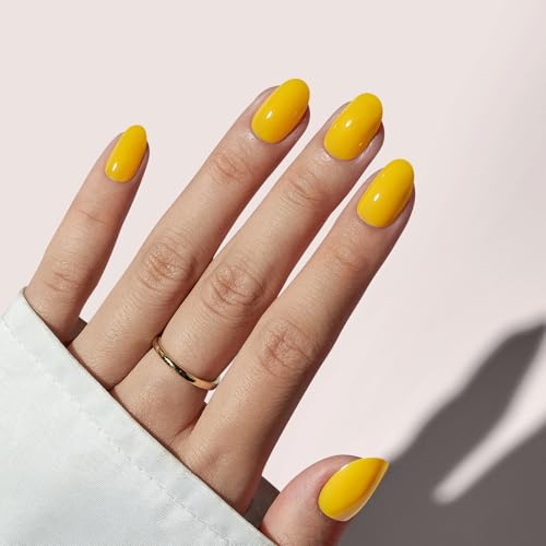 BTArtbox Press On Nails Short - Spring Press on Nails Oval, Yellow Fake Nails with Nail Glue, Natural Reusable Glue On Nails in 16 Sizes Nail Kit, Autumn Sunshine