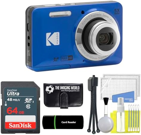 Kodak PIXPRO FZ55 Blue 16MP Digital Camera 5X Optical Zoom 28mm Wide Angle 1080P Full HD Video 2.7" LCD Camera + 64GB Card and Reader + Memory Wallet + Tripod + Cleaning Bundle