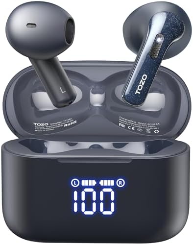 TOZO T21 Wireless Earbuds Bluetooth 5.3 in Ear Headphones Dual Mic Call Noise Cancelling IPX8 Waterproof 44H Playback Stereo Sound with LED Display Wireless Charging Case 32 EQs via APP Blue