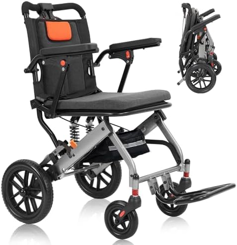 20 LBS Transport Wheelchair Lightweight Foldable,Wheelchairs for Adults, 1s Quick Folding, Quadruple Shock Absorption,Portable Wheelchair for Travel, Hospital & Home Use (Orange)
