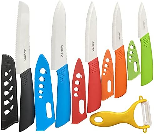 Ceramic Knife Set Ceramic Knives Set for Kitchen Ceramic Kitchen Knives Colored w Sheath 6" Bread Knife 6" Chef Knife 5" Utility Knife 4" Fruit Knife 3" Paring Knife 1 Peeler Colorful Rust Free Proof