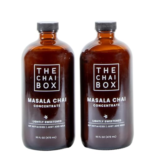 The Chai Box - Sweetened Chai Tea Concentrate - Vegan, Gluten Free, All Natural Ingredients, Black Tea, w/Cinnamon & Cardamom - Prepare using 1:1 Ratio of Milk & Concentrate - Pack of 2-16oz Bottles