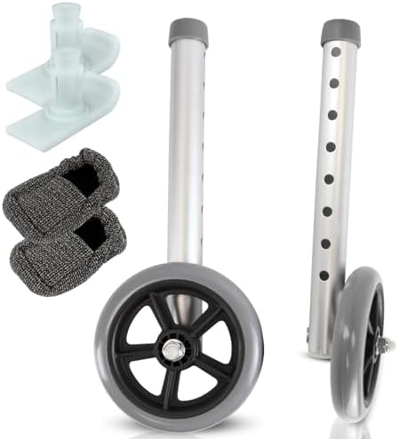 Vive Walker Wheels, Ski Glides, Accessories Covers for Seniors (6 PCS), Replacement Feet Parts Ball Set for Folding Medical Roller Safety- Front, Back Stability 5" Rubber, Bariatric - Universal Size