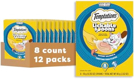Temptations Lickable Spoons Adult Wet Cat Treat, Savory Salmon and Tempting Tuna Flavor, 10 Grams, Pack of 12 (96 Total Spoons)