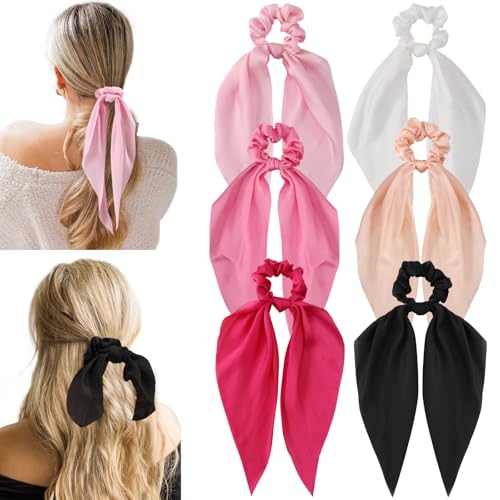 6 PCS Bow Silk Scrunchies, Hair Ties with Bows, Hair Scrunchies for Women Girls, Knotted Bow Silk Hair Ties, Satin Hair Ribbon Scrunchy Elastic Hair Ties Ponytail Holder Pink Valentine's Day Gifts