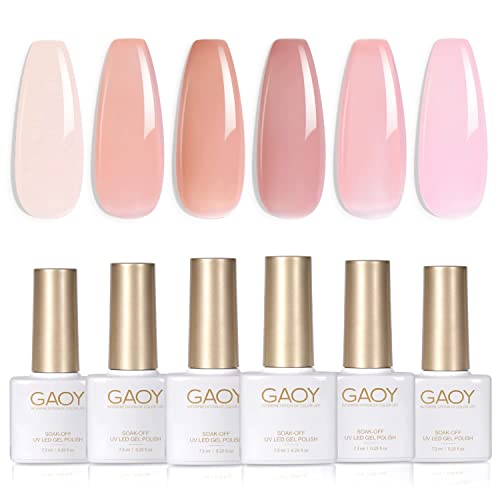 GAOY Jelly Nude Pink Gel Nail Polish Set, 6 Transparent Sheer Colors Soak Off UV Light Cure Gel Polish Kit for Salon and Nail Art DIY at Home